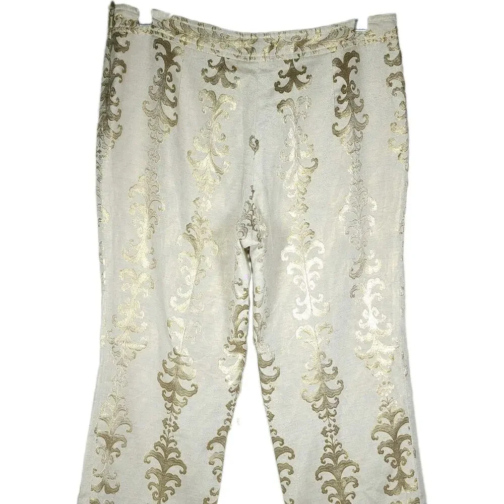 Tory Burch Women's Sz8 Gold and Cream Linen Blend Filigree Print Ankle Pants NWT